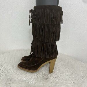 MICHAEL KORS Suede Boots Fringe 6.5 M Brown High Heel Almond Toe Boho Festival